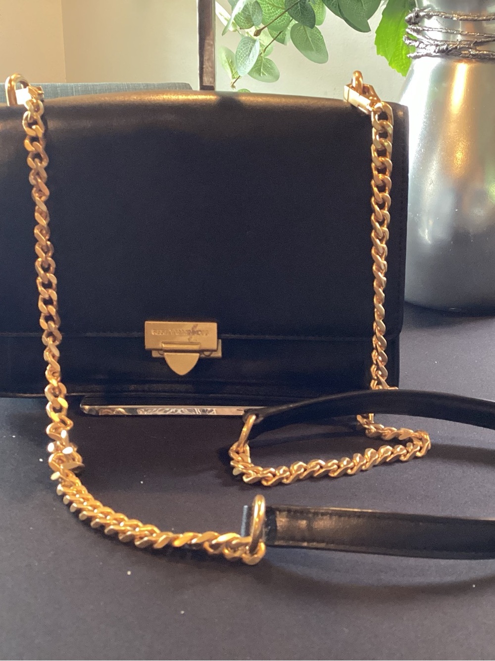 Rebecca Minkoff Black Leather Crossbody with Gold Chain
